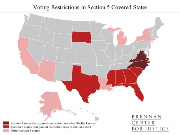 Voting Restrictions In Section 5 Covered States (courtesy of Brennan Center for Justice)
