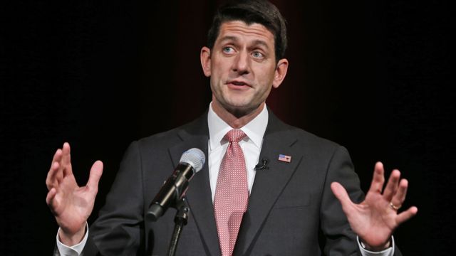 In this June 6, 2014 file photo, Rep. Paul Ryan, R-Wis., gestures as he speaks during a gala prior to the start of the Virginia GOP Convention in Roanoke, Va.