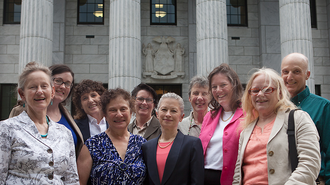 Residents of Dryden smile, with Helen Slottje and Earthjustice’s Deborah Goldberg and Kathleen Sutcliffe, after the high court argument in Albany. (Photo: Chris Jordan-Bloch/Earthjustice)