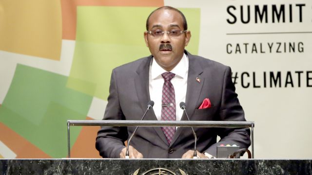 Prime Minister Gaston Browne, of Antigua and Barbuda, addresses the Climate Summit at United Nations headquarters, Tuesday, Sept. 23, 2014. (AP Photo/Richard Drew)