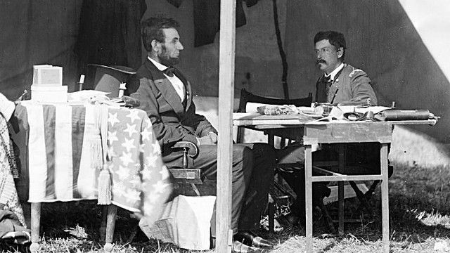 President Lincoln and General George B. McClellan in the general's tent near the Antietam battlefield, October 3, 1862. (Image: Alexander Gardner)