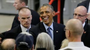 President Barack Obama greets audience members after speaking at Cedar Falls Utilities, Wednesday, Jan. 14, 2015, in Cedar Falls, Iowa.  (AP Photo/Charlie Neibergall)