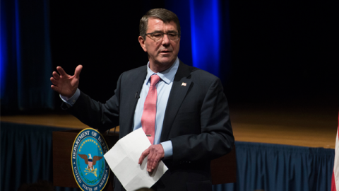 Secretary of Defense Ash Carter speaks to Pentagon personnel as he hosts an All Call to inform everyone what his priorities are as he takes office, Feb. 19, 2015 (Photo by Master Sgt. Adrian Cadiz)(Released)