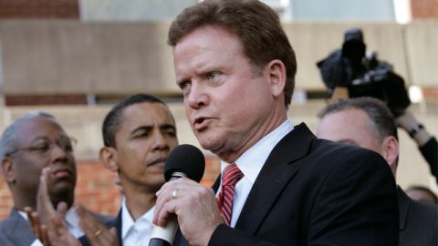Democratic senatorial candidate Jim Webb, talks to supporters as Sen. Barack Obama, D-Ill., second from left, and Del. A. Donald McEachin, D-Henrico, left, listen at a rally at Virginia Union University in Richmond, Va., Thursday, Nov. 2, 2006. (AP Photo/Steve Helber)