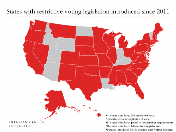 Map of states with voting legislation introduced since 2011
