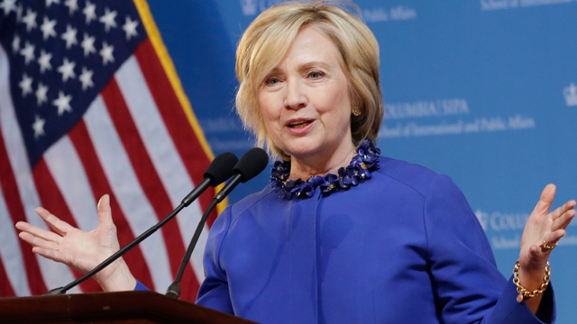 In this April 29, 2015, photo, Democratic presidential hopeful former Sen. Hillary Rodham Clinton speaks at the David N. Dinkins Leadership and Public Policy Forum in New York. Clinton intends to draw an early distinction with Republicans on immigration reform, pointing to a pathway to citizenship as an essential part of any overhaul in Congress. (AP Photo/Mark Lennihan)
