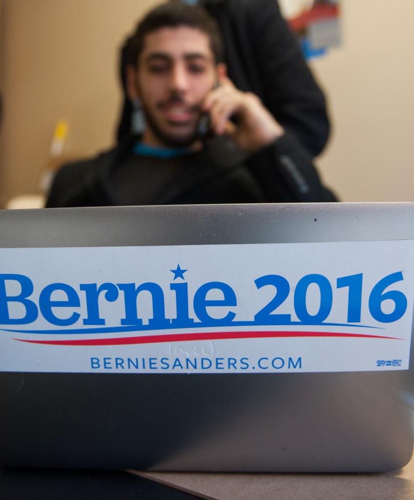 Volunteers make phone calls at the campaign field office of Democratic presidential candidate Bernie Sanders on January 31, 2016 in Fort Madison, Iowa, one day before the state's much anticipated February 1st caucus. US presidential candidates made a frenzied, final push to lock in Iowa voters on the eve of the first nominating contest of the 2016 election season. / AFP / Michael B. Thomas (Photo credit should read MICHAEL B. THOMAS/AFP/Getty Images)