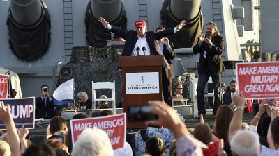 Republican presidential candidate Donald Trump gives a national security speech aboard the World War II Battleship USS Iowa, September 15, 2015, in San Pedro, California. AFP PHOTO /ROBYN BECK (Photo credit should read ROBYN BECK/AFP/Getty Images)