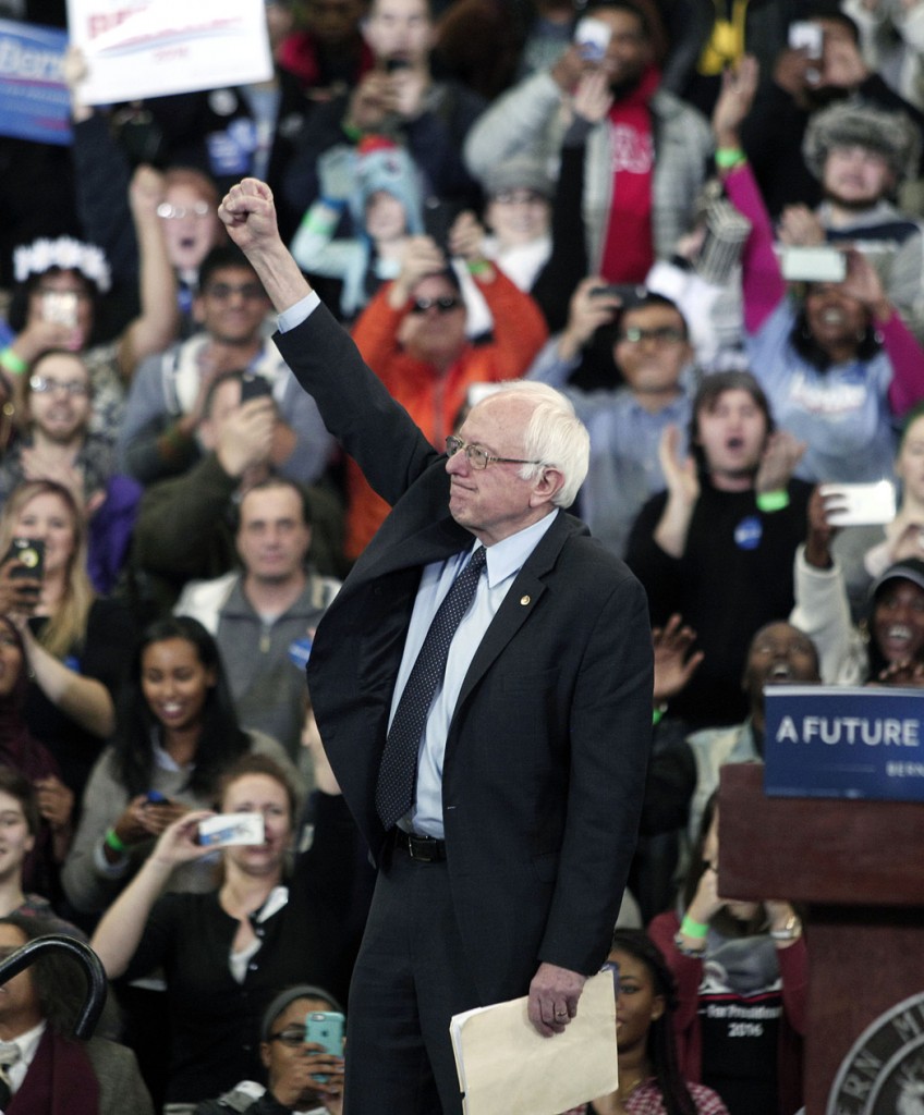 YPSILANTI, MI - FEBRUARY 15: Democratic presidential candidate Sen. Bernie Sanders (D-VT) gestures during his first campaign rally in Michigan at Eastern Michigan University February 15, 2016 in Ypsilanti, Michigan. At his "A Future To Believe In" rally, Sanders spoke on a wide range of issues, including his plans to make public colleges and universities tuition-free. The next voting for the democratic candidates will be the Democratic caucus in Nevada on February 20th. (Photo by Bill Pugliano/Getty Images)