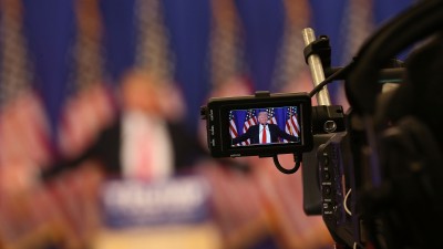 JUPITER, FL - MARCH 08: Republican presidential candidate Donald Trump is seen in a television cameras view finder during a press conference at the Trump National Golf Club Jupiter on March 8, 2016 in Jupiter, Florida. Mr. Trump and other Republican candidates reacted to primary day vote counts in Michigan, Mississippi, Idaho, and Hawaii. (Photo by Joe Raedle/Getty Images)
