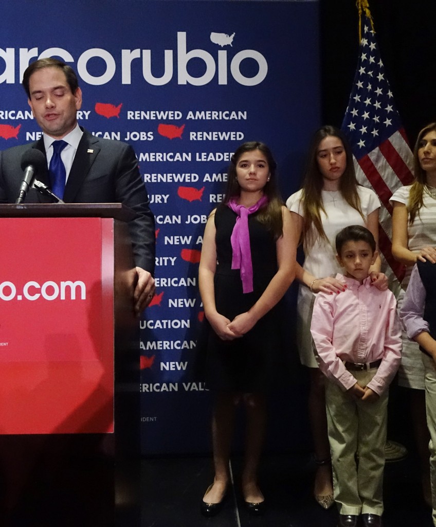 MIAMI, FL - MARCH 15: Republican presidential candidate U.S. Senator Marco Rubio (R-FL), flanked by his family, speaks at a primary night rally on March 15, 2016 in Miami, Florida. Rubio announced he was suspending his campaign after losing his home state to Republican rival Donald Trump. (Photo by Angel Valentin/Getty Images)