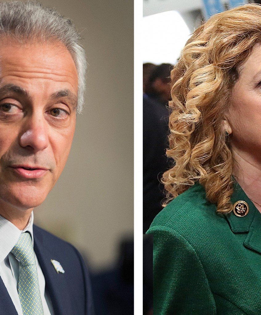 Left: Rahm Emanuel (Photo by Scott Olson/Getty Images). Right: Debbie Wasserman Schultz (Photo by Andrew Burton/Getty Images).