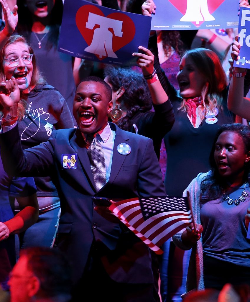 Supporters of Democratic presidential candidate Hillary Clinton react to early projections at a primary night campaign event April 26, 2016 in Philadelphia, Pennsylvania. (Photo by Win McNamee/Getty Images)