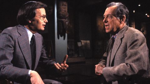 Bill Moyers and Joseph Campbell in conversation during the filming of 'Joseph Campbell and the Power of Myth' in 1980. (Photo credit: Don Perdue)