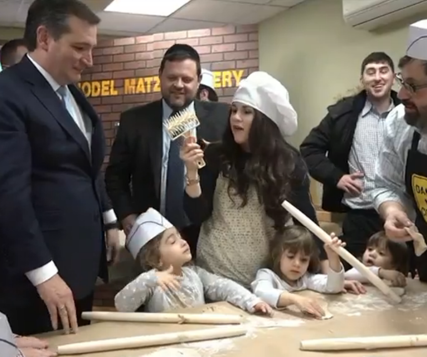 Ted Cruz learns how to put holes in matzah at the Chabad Neshama Model Matzah Bakery in Brighton Beach, Brooklyn, New York. (Screengrab from CNN, via Fusion)