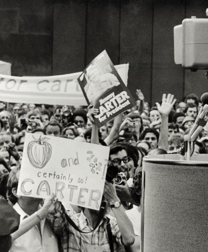 Democratic presidential hopeful Jimmy Carter addresses a crowd during the 1976 Democratic National Convention in New York. (Photo by AFP/Getty Images)