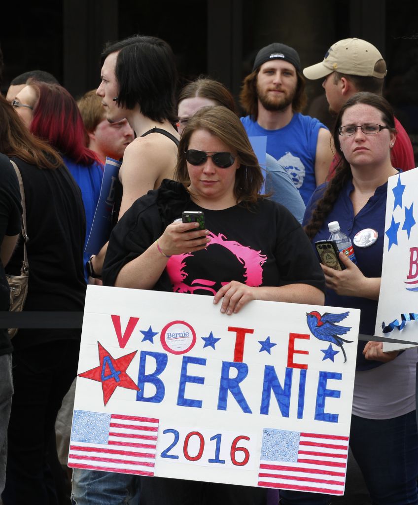 Bernie Sanders supporters wait outside the Big Sandy Superstore Arena for a campaign rally, April 26, 2016 in Huntington, West Virginia. (Photo by John Sommers II/Getty Images)