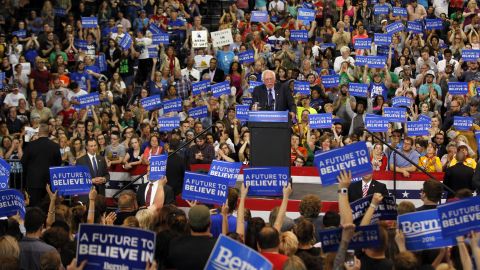 Presidential candidate Sen. Bernie Sanders (D-VT) addresses the crowd during a campaign rally at the Big Sandy Superstore Arena, April 26, 2016 in Huntington, West Virginia. (Photo by John Sommers II/Getty Images)