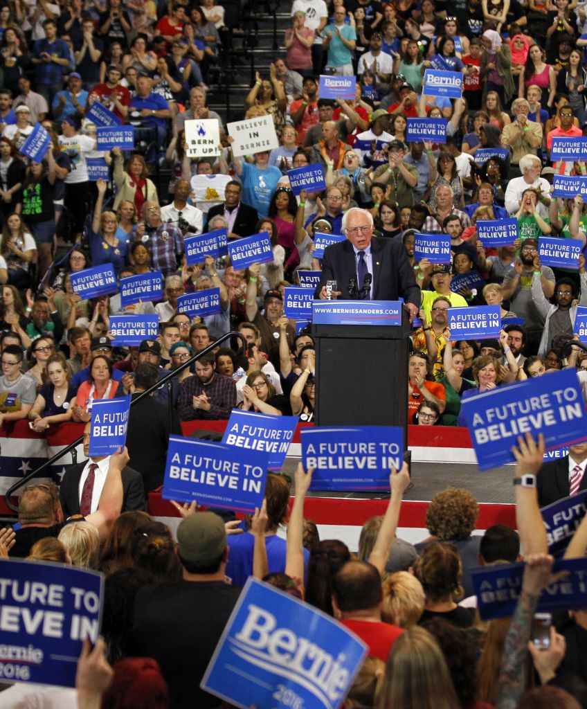 Presidential candidate Sen. Bernie Sanders (D-VT) addresses the crowd during a campaign rally at the Big Sandy Superstore Arena, April 26, 2016 in Huntington, West Virginia. (Photo by John Sommers II/Getty Images)