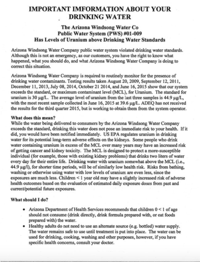 Documents from the Arizona Windsong Water Company alerting customers in Sanders, Arizona, that their water is contaminated with uranium. (Source: Document Cloud)