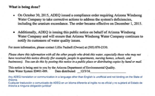 Documents from the Arizona Windsong Water Company alerting customers in Sanders, Arizona, that their water is contaminated with uranium. (Source: Document Cloud)