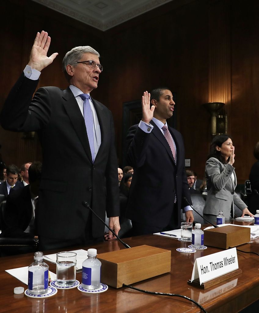 Federal Communications Commission (FCC) Chairman Thomas Wheeler and FCC Commissioner Ajit Pai are sworn in during a hearing before the Privacy, Technology and the Law Subcommittee of Senate Judiciary Committee, May 11, 2016. (Photo by Alex Wong/Getty Images)