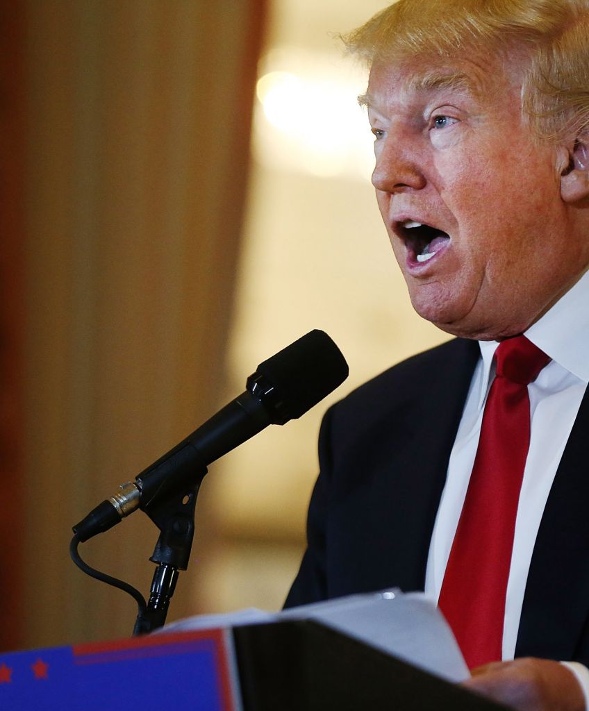 NEW YORK, NY - MAY 31: Republican presidential candidate Donald Trump speaks at a news conference at Trump Tower where he addressed issues about the money he pledged to donate to veterans groups following a skipped a debate in January before the Iowa caucuses on May 31, 2016 in New York City. Trump had previously said he had raised $6 million at the nationally broadcast fund-raiser he attended instead of the debate and that he would donate it all to veterans groups. (Photo by Spencer Platt/Getty Images)