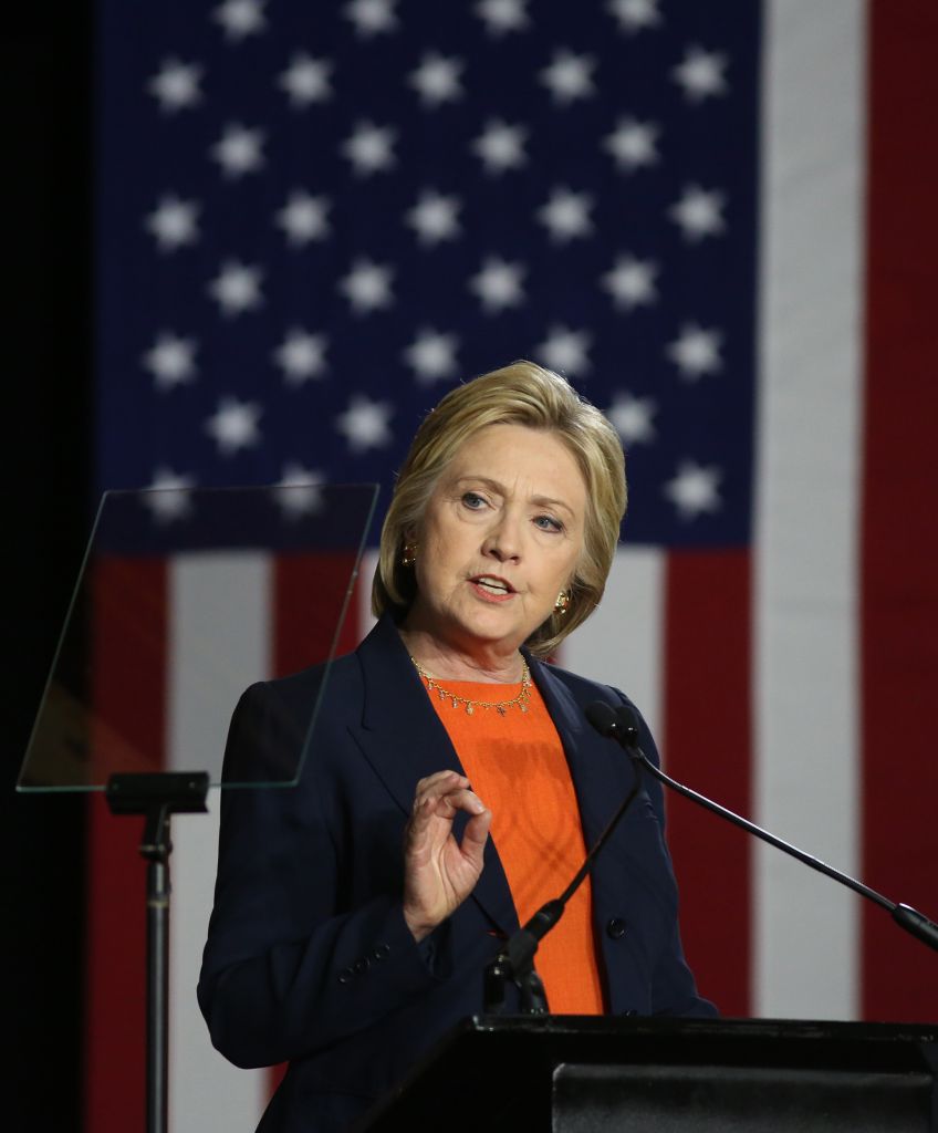 US Democratic presidential candidate Hillary Clinton speaks at a campaign rally in Balboa Park on June 2, 2016 in San Diego, California. Clinton said rival Donald Trump's foreign policy is dangerously incoherent and labeling him unfit for office. / AFP / DAVID MCNEW (Photo credit should read DAVID MCNEW/AFP/Getty Images)