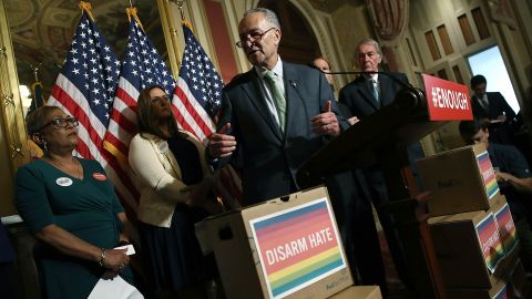 WASHINGTON, DC - JUNE 16: Sen. Chuck Schumer (C) (D-NY) speaks during a press conference held by Democratic senators calling for action on gun violence June 16, 2016 at the U.S. Capitol in Washington, DC. Democratic senators were joined by survivors of gun violence to demand that Congress act on legislation "to keep American safe from terror attacks." (Photo by Win McNamee/Getty Images)