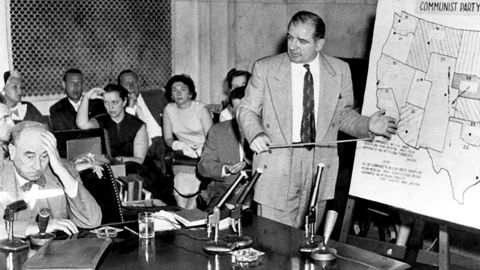 Chief Senate Counsel representing the United States Army and partner at Hale and Dorr, Joseph Welch (left), with United States Senator Joe McCarthy of Wisconsin (right), at the Senate Subcommittee on Investigations' McCarthy-Army hearings, June 9, 1954.