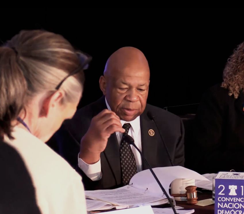 Rep. Elijah Cummings and Debbie Wasserman Schultz at the Democratic platform-drafting committee meeting Friday. (YouTube)