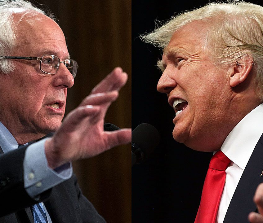 Democratic presidential candidate Bernie Sanders (Photo by Drew Angerer/Getty Images), and Republican presidential candidate Donald Trump (Photo by Spencer Platt/Getty Images). To a degree, Trump and Sanders are competing for the same constituencies, writes Steve Fraser.