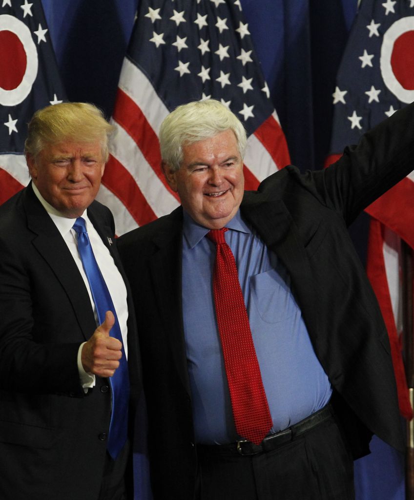 Former Speaker of the House Newt Gingrich (R) introduces Republican Presidential candidate Donald Trump during a rally at the Sharonville Convention Center, July 6, 2016, in Cincinnati, Ohio. (Photo by John Sommers II/Getty Images)