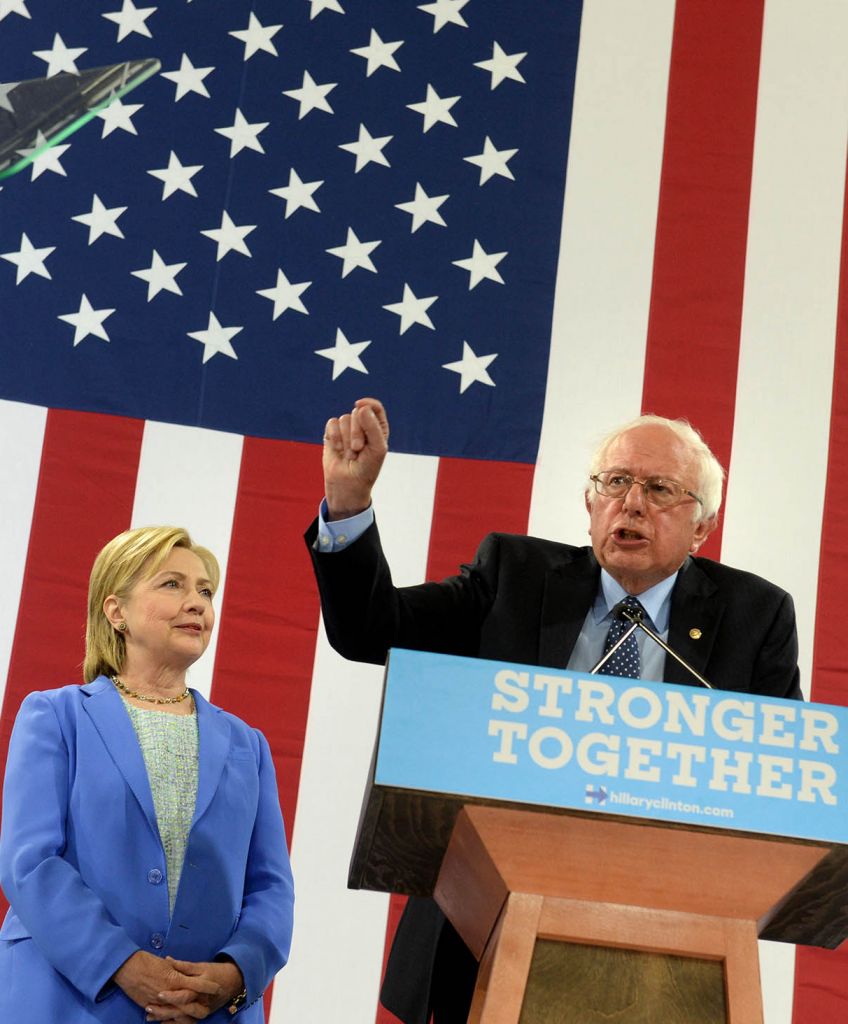 Bernie Sanders introduces presumptive Democratic presidential nominee Hillary Clinton at Portsmouth High School, July 12, 2016, in Portsmouth, New Hampshire. (Photo by Darren McCollester/Getty Images)