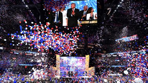 Balloons fall after Republican presidential candidate Donald Trump spoke and accepted the party nomination on the last day of the Republican National Convention on July 21, 2016, in Cleveland. (Photo by Jim Watson/AFP/Getty Images)