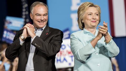MIAMI, FL - Democratic Presumptive Nominee for President former Secretary of State Hillary Clinton and her vice-presidential choice Senator Tim Kaine (D-VA) during a rally in Miami, Florida on Saturday, July 23, 2016. (Photo by Melina Mara/The Washington Post via Getty Images)