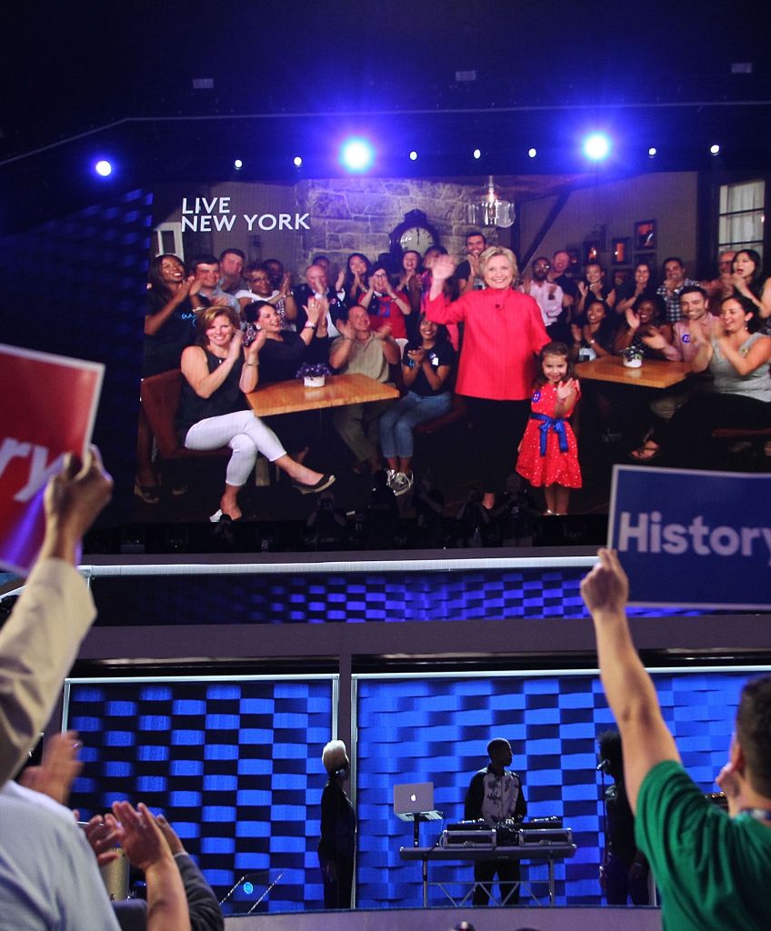 Democratic presidential nominee Hillary Clinton delivers remarks via video on the second night of the 2016 Democratic National Convention on July 26, 2016, in Philadelphia. (Photo by Paul Morigi/WireImage)