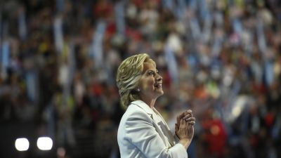 Democratic presidential nomineee Hillary Clinton acknowledges the crowd before delivering her acceptance speech at the Democratic National Convention in Philadelphia on Thursday, July 28, 2016. (Photo by Melina Mara/The Washington Post via Getty Images)