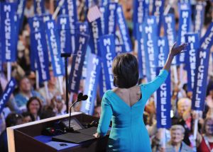 Michelle Obama speaking to the Democratic National Convention in 2008. Photo by Stan Honda/AFP/Getty Images)