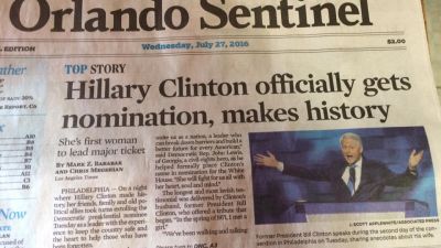 The front page of the Orlando Sentinel on Wednesday, July 27, 2016.