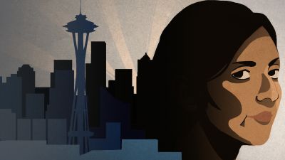 Graphic of Seattle City Councilmember Kshama Sawant against backdrop of her hometown's skyline