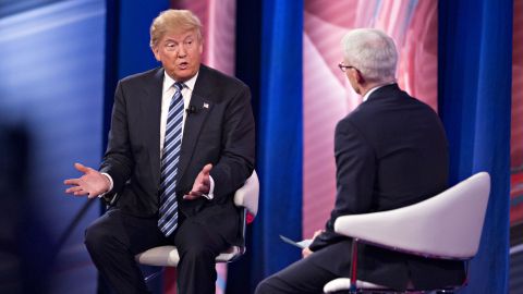 Republican presidential candidate Donald Trump with CNN anchor Anderson Cooper during a town hall event at the University of South Carolina in Columbia, South Carolina, on Feb. 17, 2016. (Photo by Daniel Acker/Bloomberg via Getty Images)