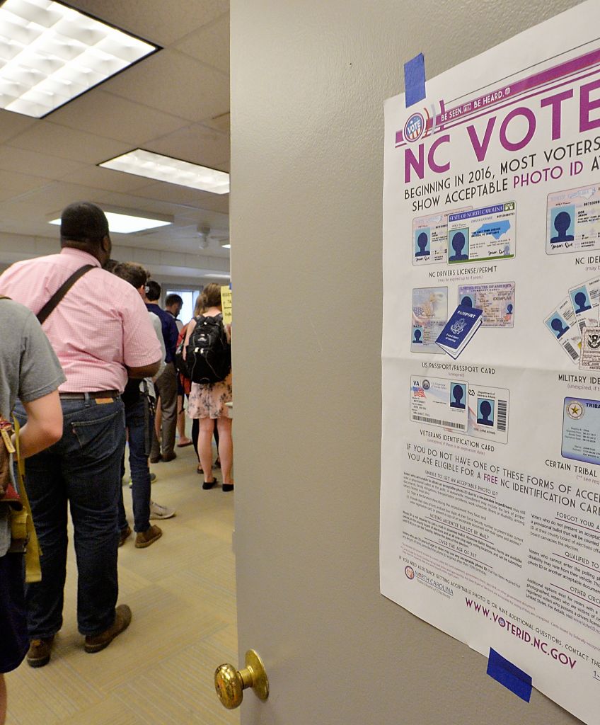 North Carolina State University students wait in line to vote in the primaries at Pullen Community Center on March 15, 2016 in Raleigh, North Carolina. (Photo by Sara D. Davis/Getty Images )