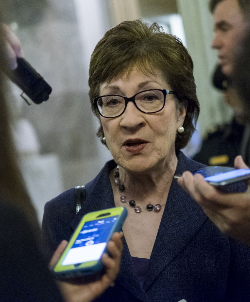 Senator Susan Collings (R-ME) speaks to the media outside of the Senate Chamber shortly after President Barack Obama nominated Merrick B. Garland to be a Supreme Court justice, March 16, 2016 in Washington, DC. Collins said she would meet with Obama's Supreme Court although many of her Republican colleagues said they would not. (Photo by Pete Marovich/Getty Images)
