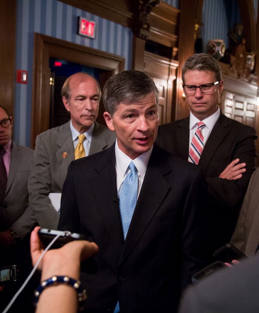 Representative Jeb Hensarling, a Republican from Texas and chairman of the House Financial Services Committee, center, speaks to members of the media at the Economic Club of New York in New York. (Photographer: Michael Nagle/Bloomberg via Getty Images)