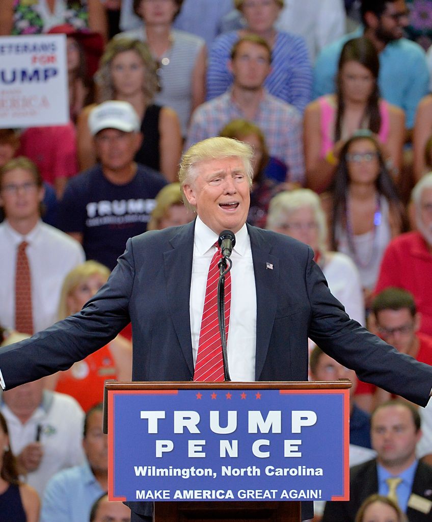 Republican presidential candidate Donald Trump addresses the audience during a campaign event in Wilmington, North Carolina. (Photo by Sara D. Davis/Getty Images)