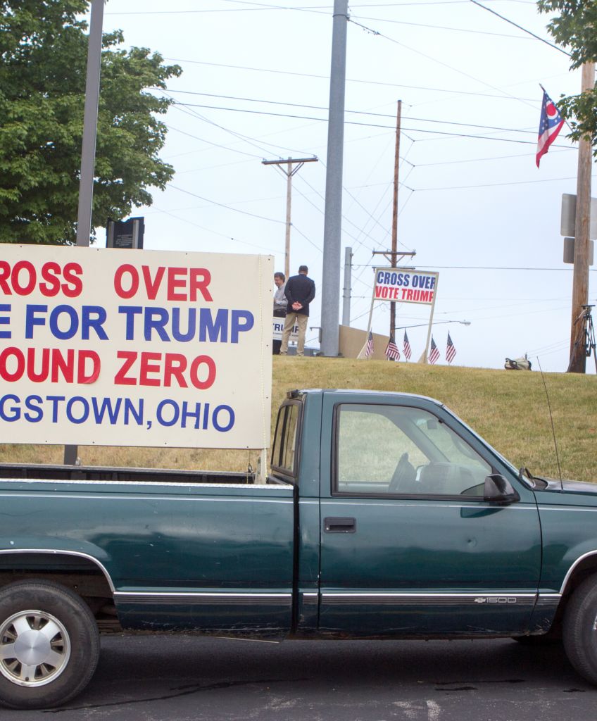 Pick up truck with sign reading "Cross Over Vote for Trump Ground Zero Youngstown Ohio"