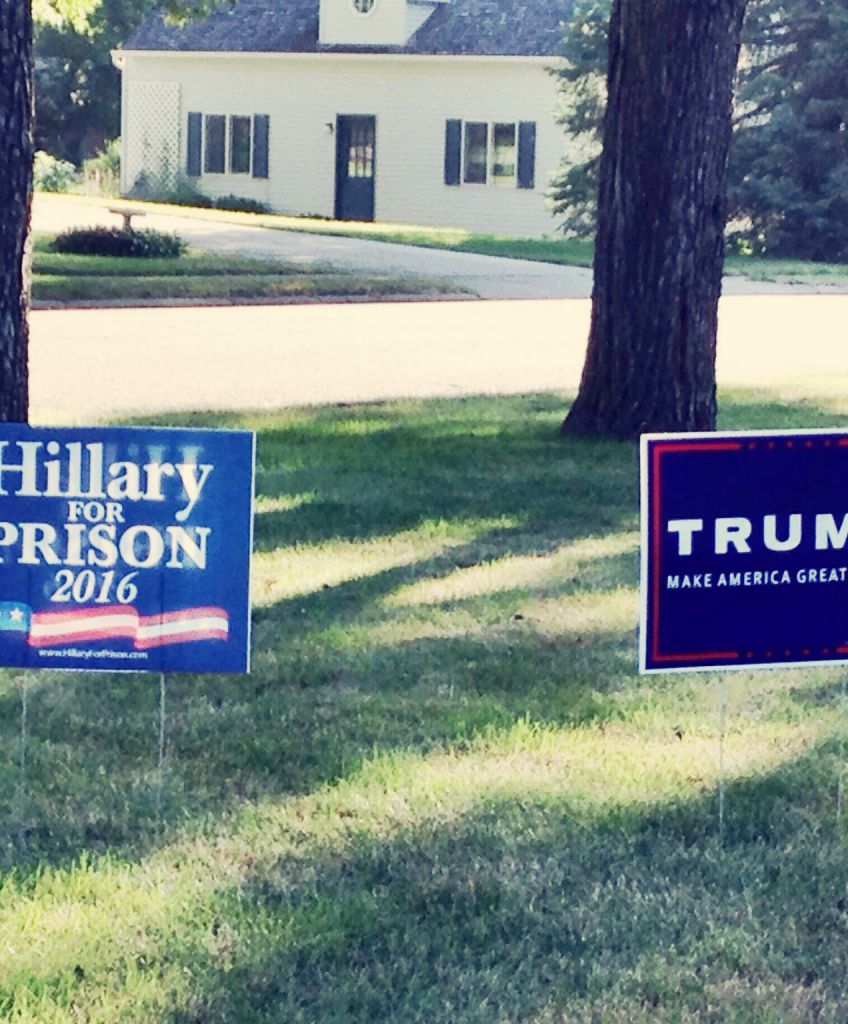 Yard signs on a lawn for the 2016 election supporting Donald Trump. Credit: David Mulder via Flickr
