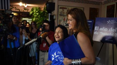 Former Miss Universe Alicia Machado (right) and civil rights leader Dolores Huerta in June joined People For the American Way (PFAW) to mark the one-year anniversary of Donald Trump's presidential campaign and launch PFAWs new campaign, "Donald Trump's Year of Hate" at Atlacatl Restaurant in Arlington, Virginia. (Photo by Astrid Riecken For The Washington Post via Getty Images)