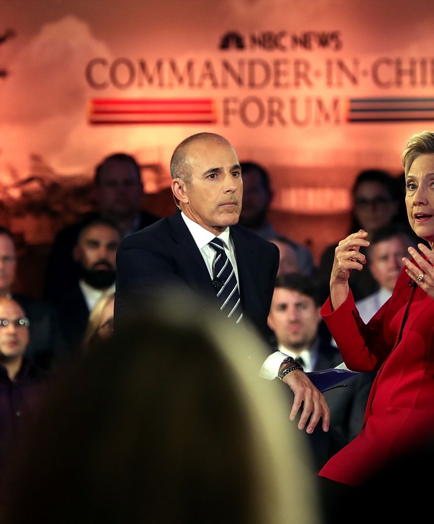 NEW YORK, NY - SEPTEMBER 07: Matt Lauer looks on as Democratic presidential nominee Hillary Clinton speaks during the NBC News Commander-in-Chief Forum on September 7, 2016 in New York City. Clinton and Republican presidential nominee Donald Trump are participating in the NBC News Commander-in-Chief Forum. (Photo by Justin Sullivan/Getty Images)
